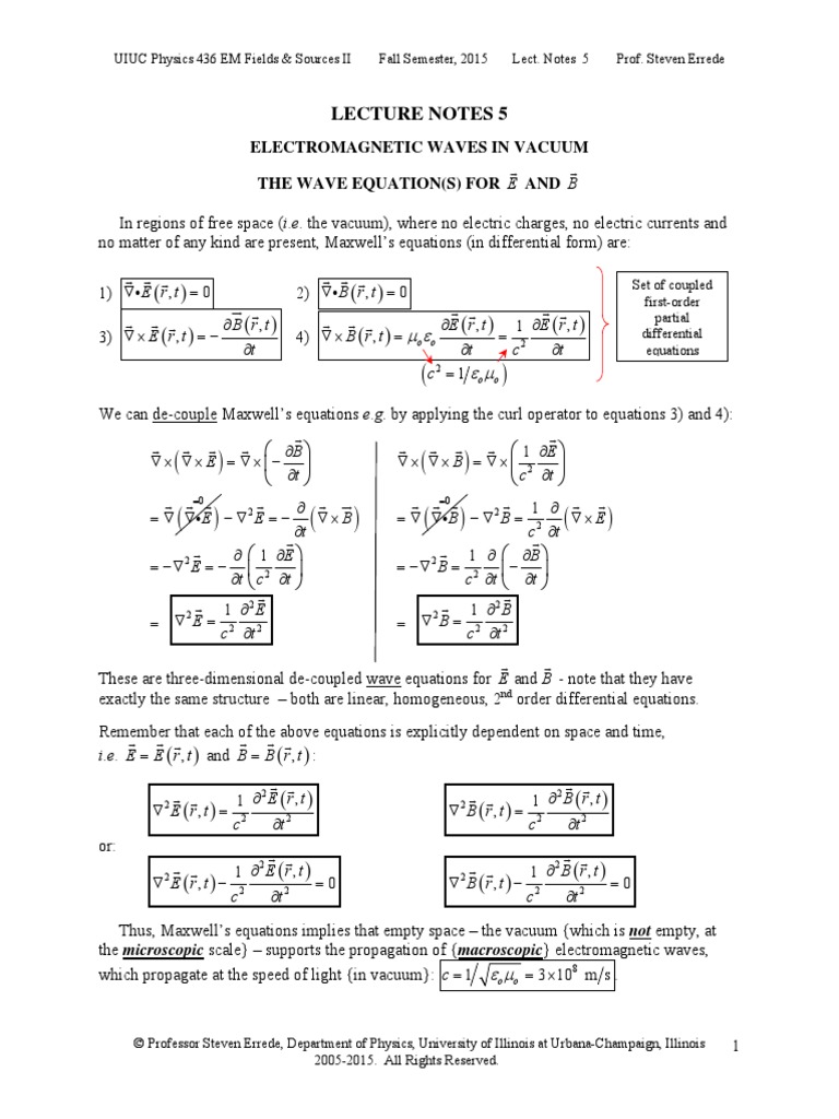 Lecture Notes 5: Electromagnetic Waves in Vacuum The Wave Equation (S ...