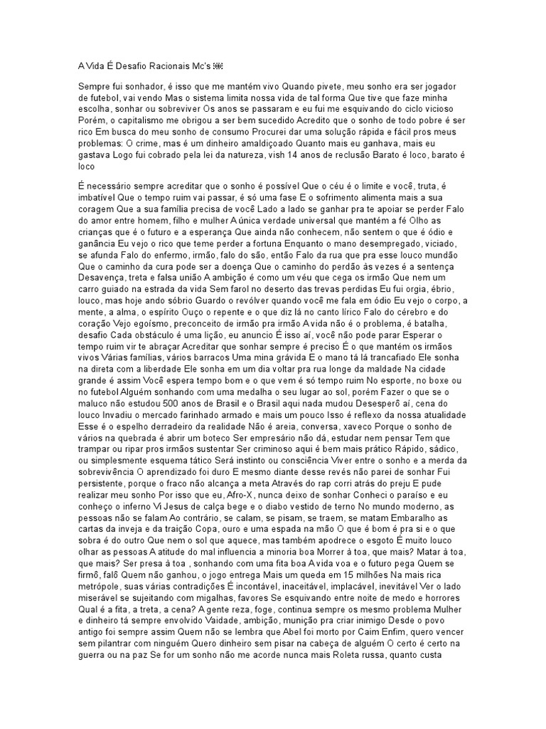A Vida É Desafio Racionais MC | PDF | Sonho | Vida