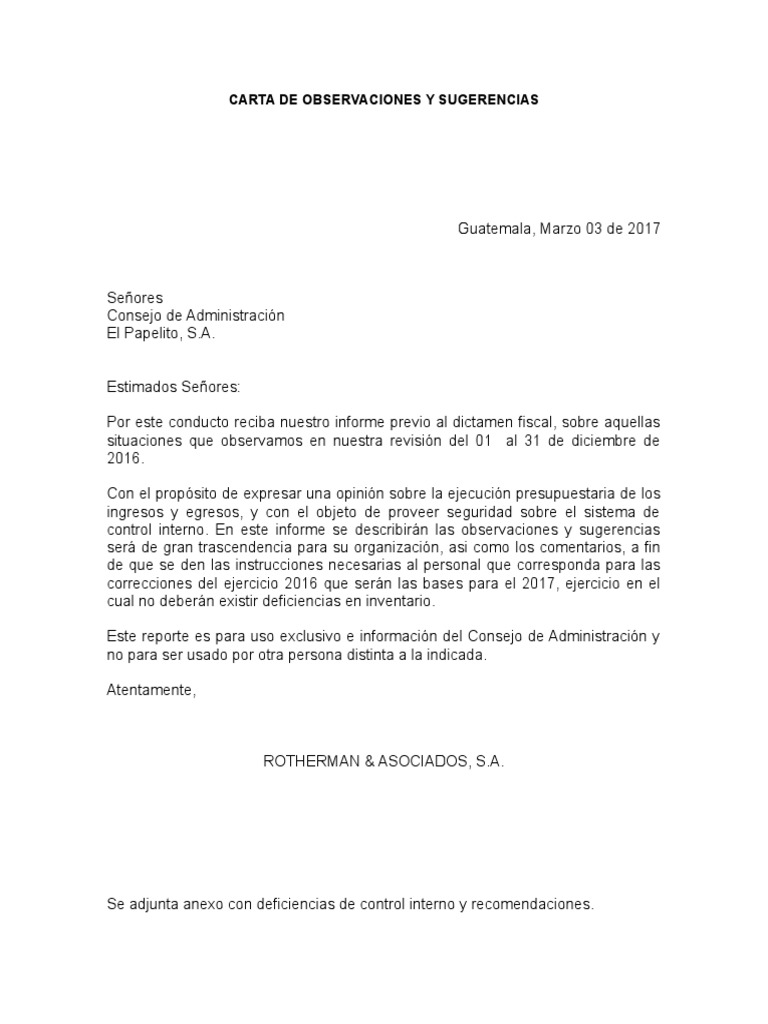CARTA DE OBSERVACIONES Y SUGERENCIAS.docx  Inventario  Negocios