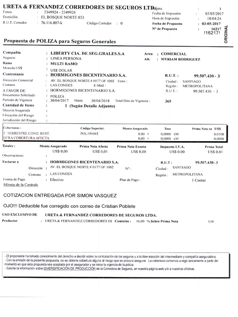 Propuesta 16217 PDF Póliza de seguros Seguro