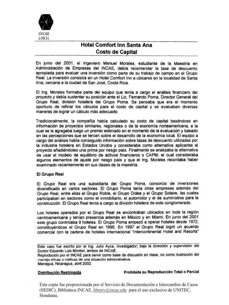 Hotel Comfort Inn Santa Ana Costo de Capital | PDF