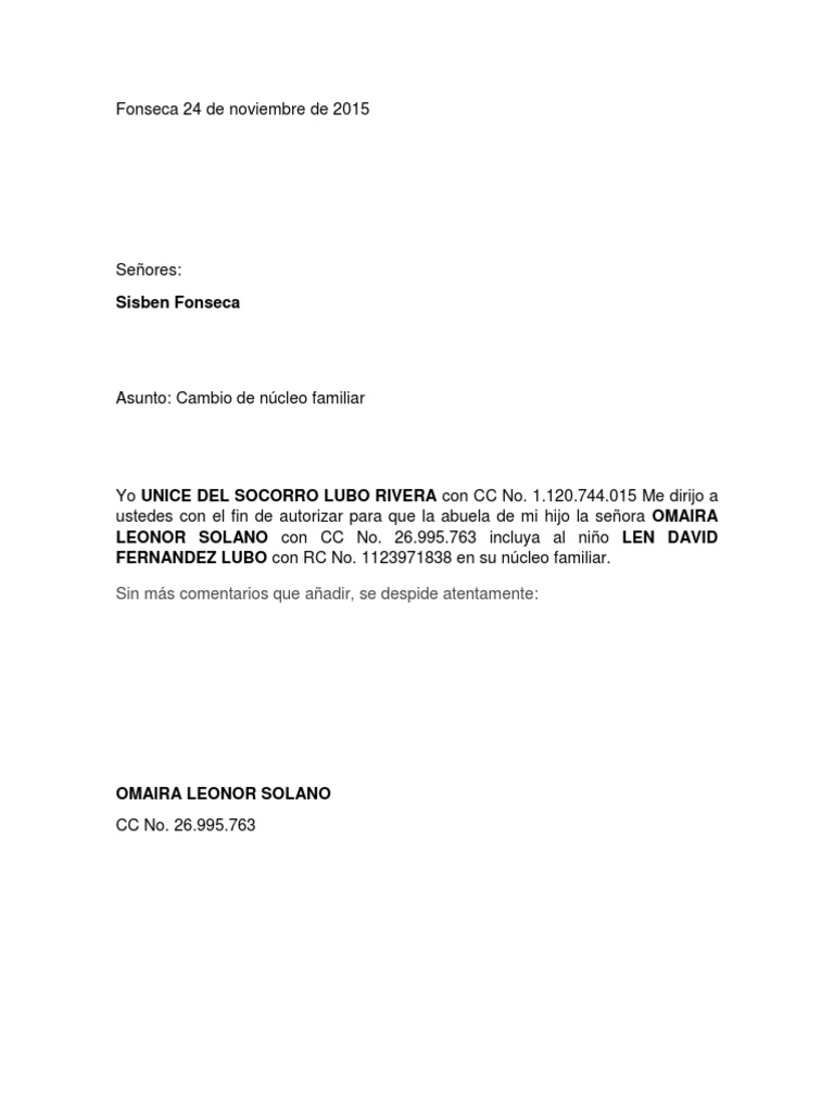 Carta Cambio Nucleo Sisben | PDF