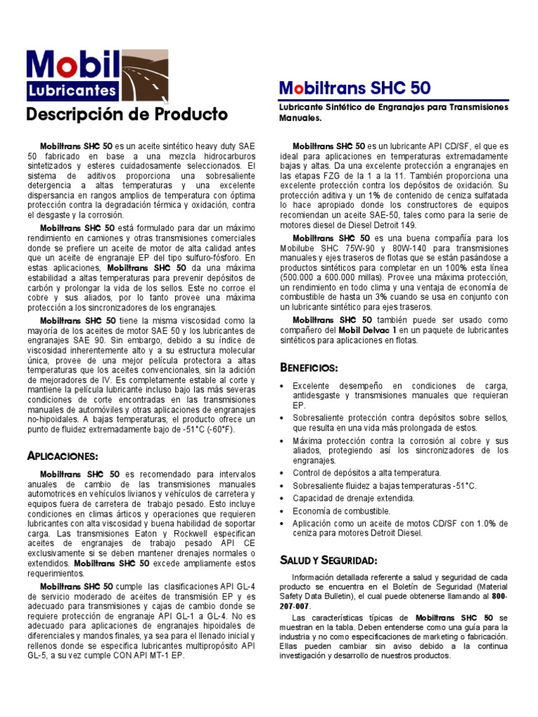 Mobiltrans SHC 50 | PDF | Lubricante | Engranaje