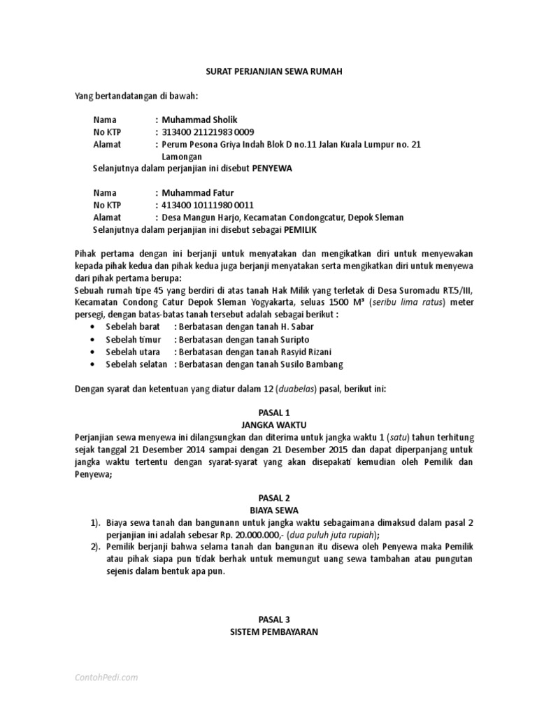 Contoh Surat Perjanjian Sewa Rumah ContohPedi.c0m  PDF