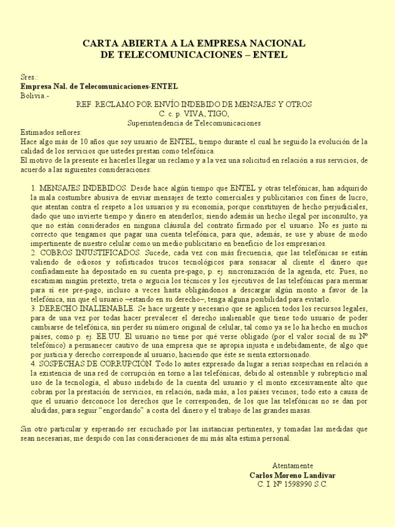 Carta Abierta a Entel, TIGO y VIVA