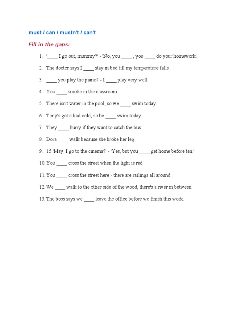 Must / Can / Mustn't / Can't: Fill in The Gaps | PDF