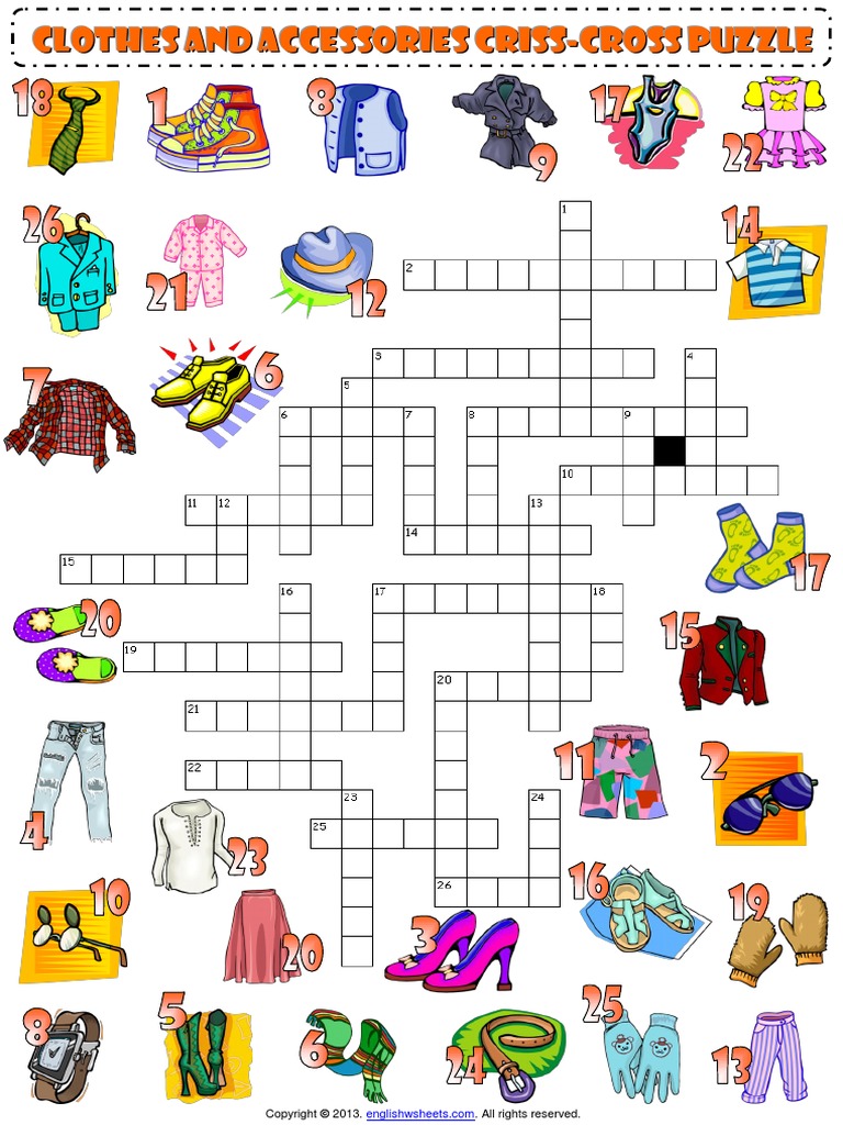 Clothes and Accessories Criss Cross Crossword Puzzle Vocabulary