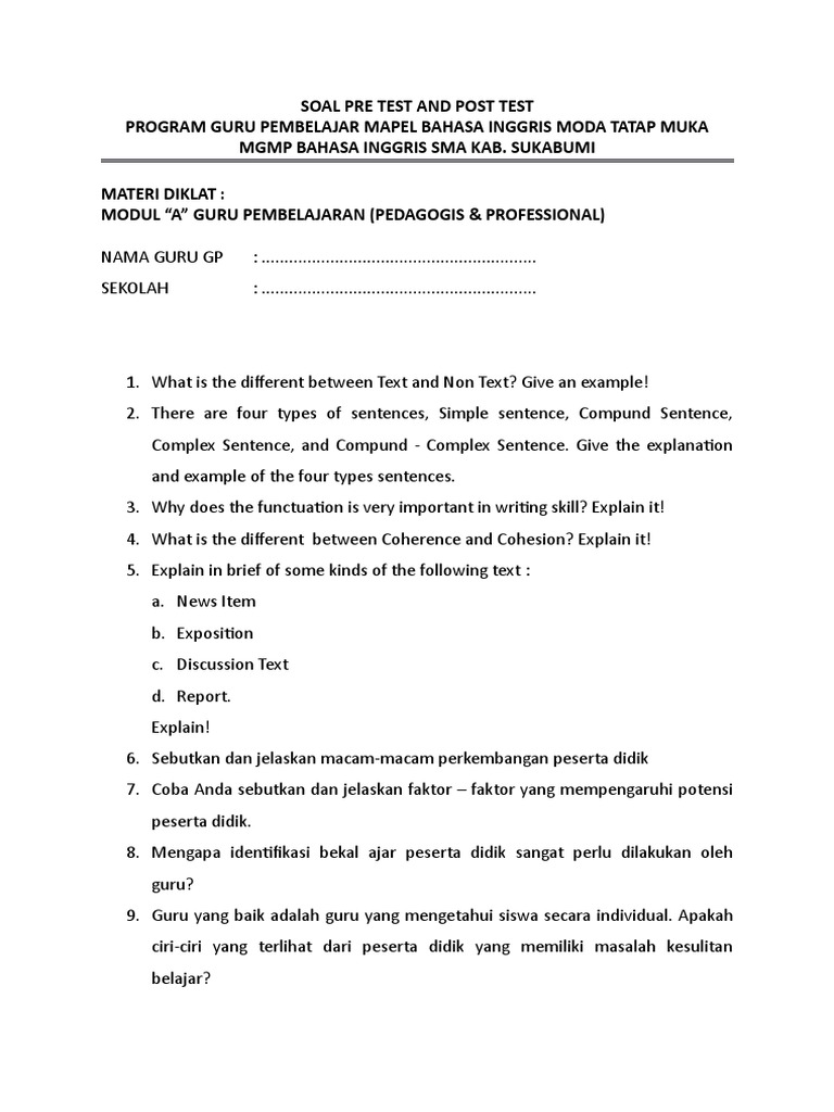 Soal Pre Test And Post Test Modul A Kognisi Psikologi