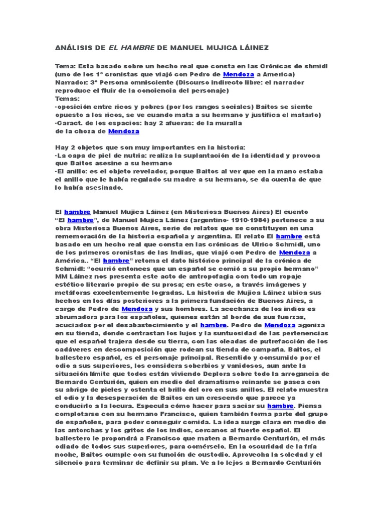 Análisis De El Hambre De Manuel Mujica Láinez Pdf Narración