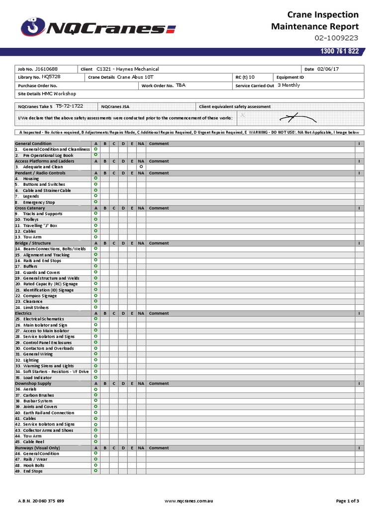 Single Hoist Crane Inspection Report 02-1009223 - J1610688 - NQ5728 ...