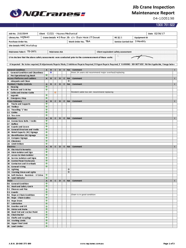 Jib Crane Inspection Maintenance Report | PDF | Transmission (Mechanics ...