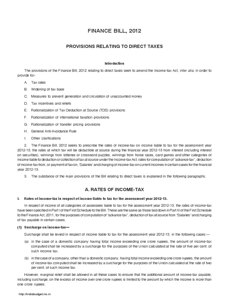 Finance Bill, 2012: Provisions Relating To Direct Taxes | PDF