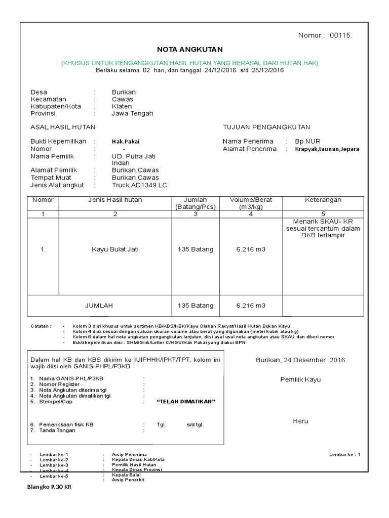 Nota Angkutan Kayu Bulat Jati | PDF