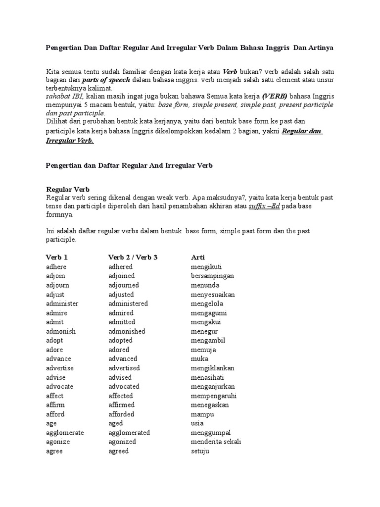 Pengertian Dan Daftar Regular  and Irregular Verb  Dalam 