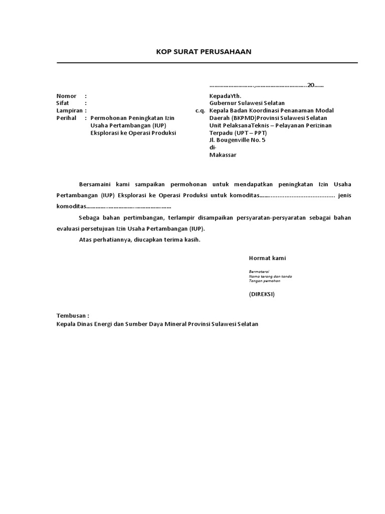 Form Surat Izin Usaha Pertambangan Operasi Produksi Baru