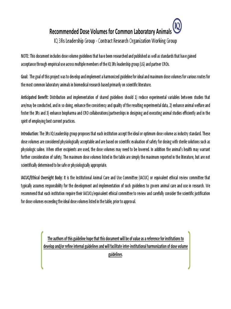 IQCRO Dose Volumes For Common Laboratory Animals June 2016