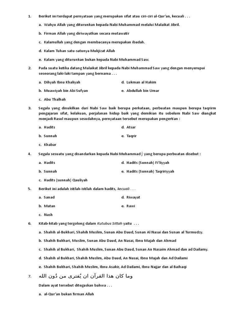 Soal Quran Hadist Kelas Xii Ma Semester 1