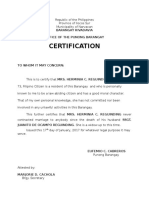 Certification: Barangay Rivadavia Office of The Punong Barangay