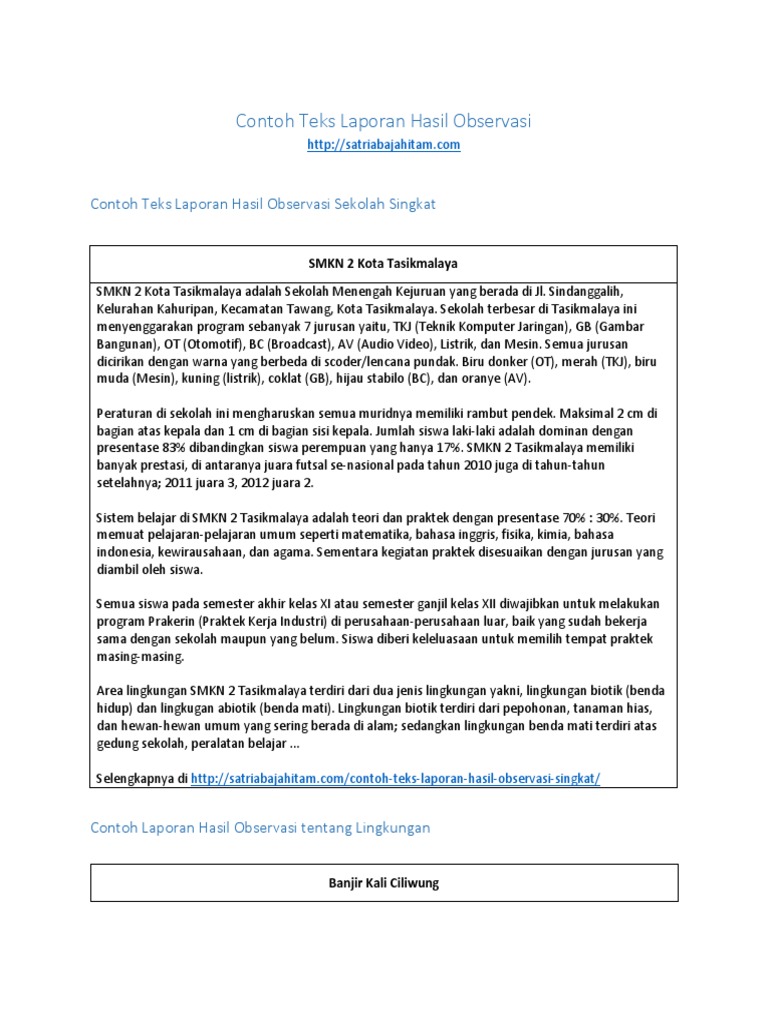 Contoh Teks Laporan Hasil Observasi Tentang Lingkungan