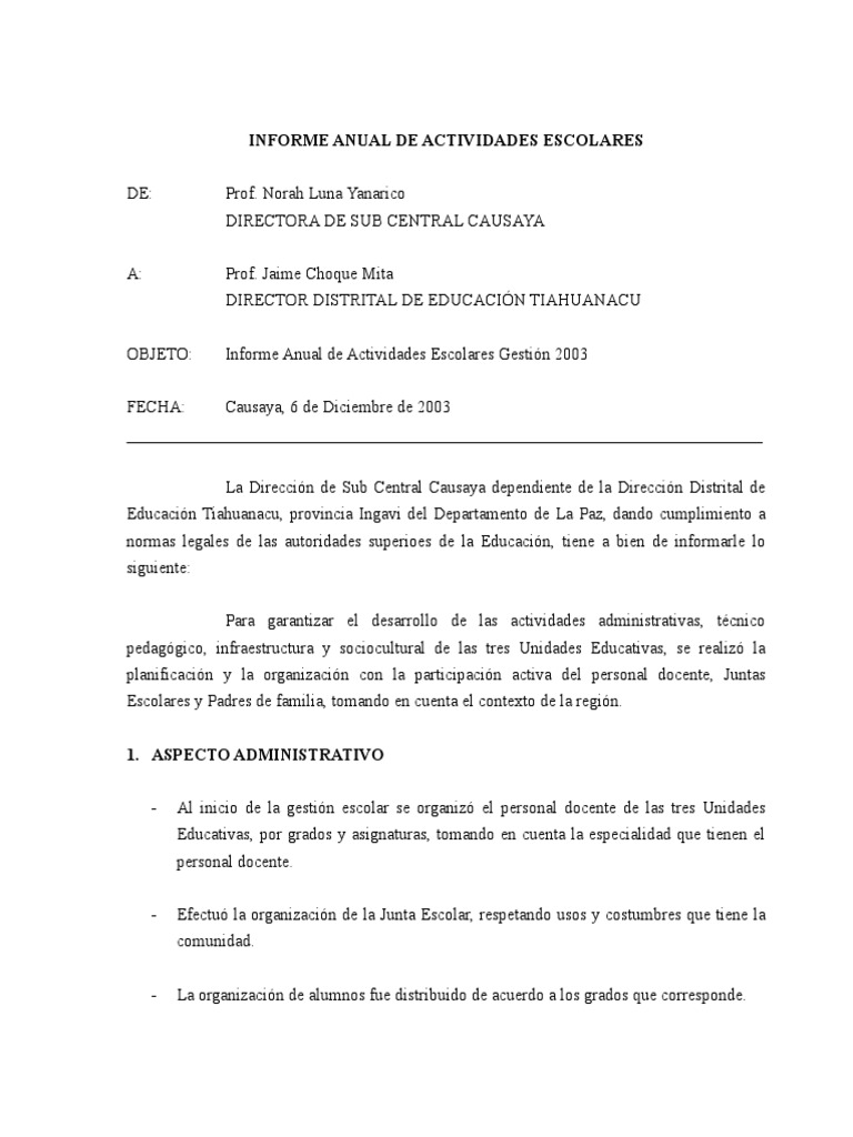 Informe Anual de Actividades Escolares Maestros Educación primaria