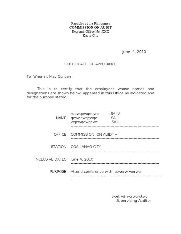 Certificate of Appearance