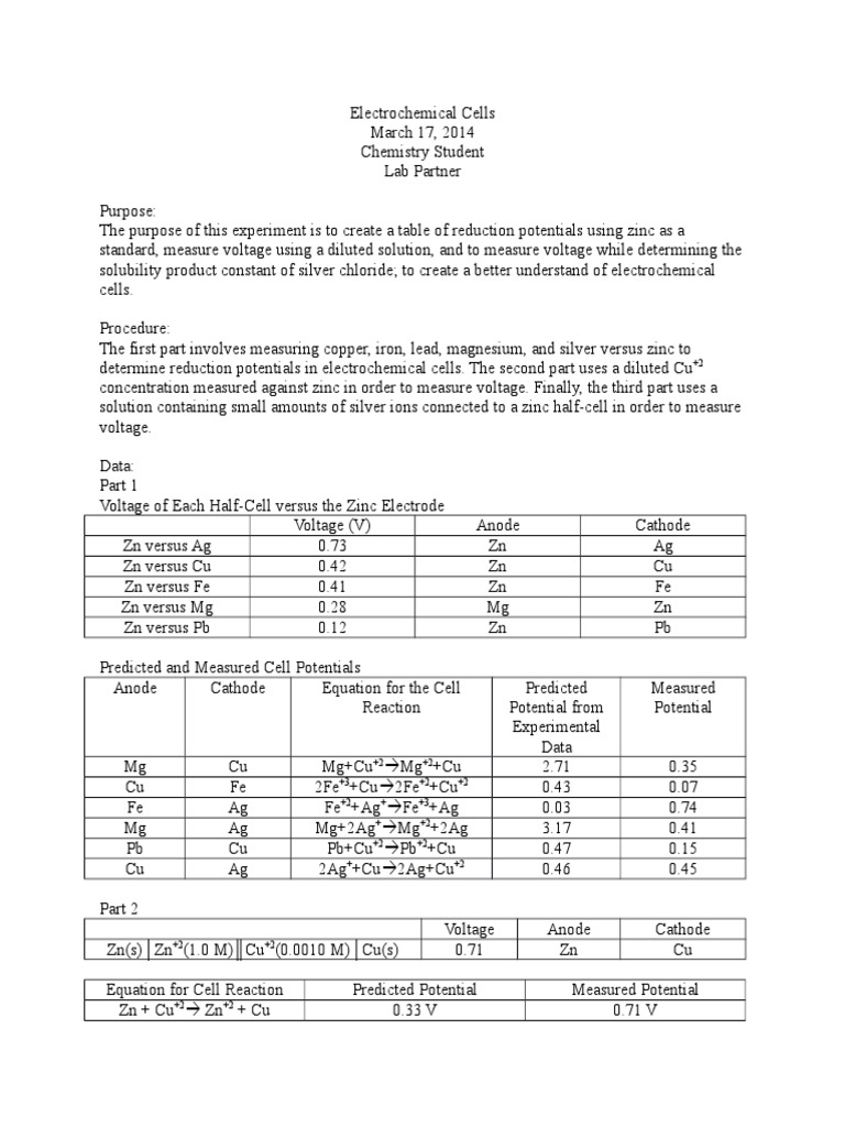 Sample Lab Report PDF Electrochemistry Redox