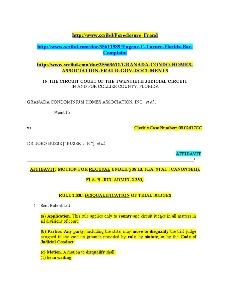 Motion for Recusal of Def. Eugene C. Turner | Judicial Disqualification