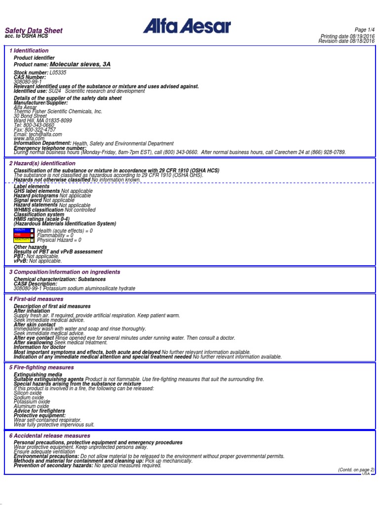 Molecular Sieves, 3A Safety Data Sheet PDF Toxicity Dangerous Goods