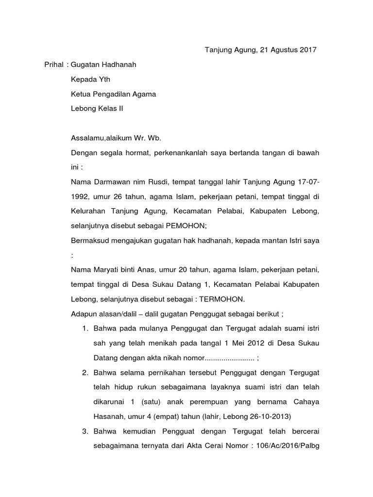 Contoh Surat Gugatan Hadhanah
