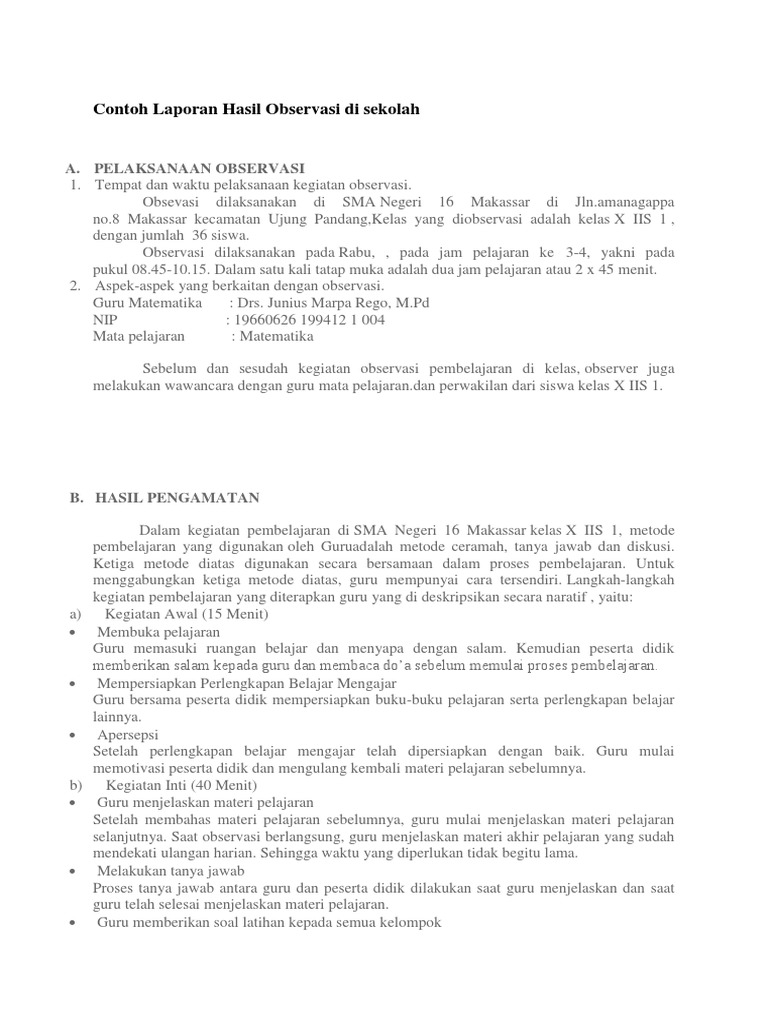 Contoh Laporan Hasil Observasi Di Sekolah