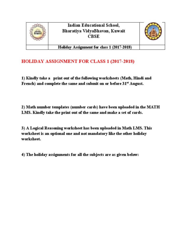 Summer Holiday Homework Grade 1 | PDF | Homework | Learning
