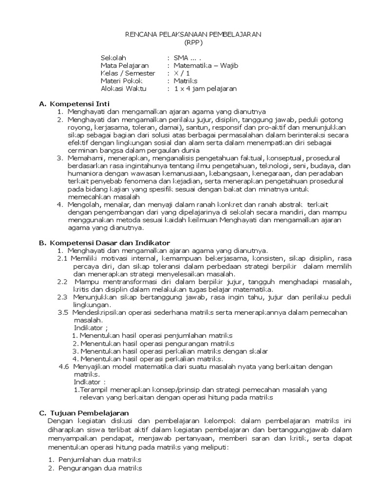 RPP Matematika Kelas X: Operasi Matriks | PDF