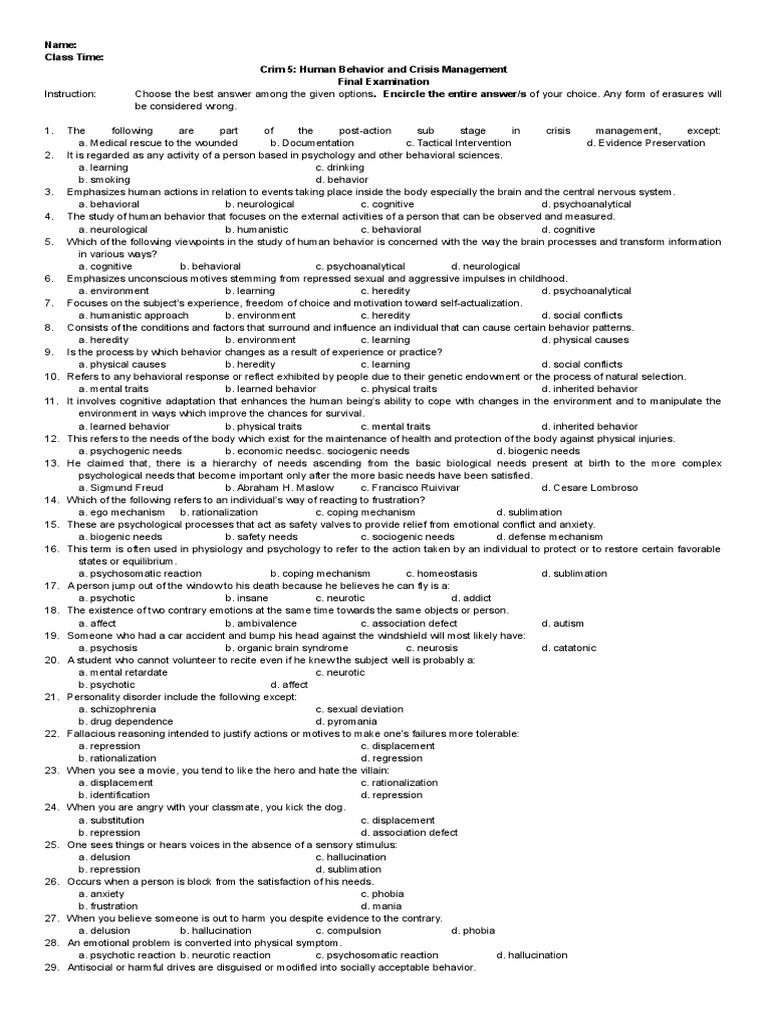 Crisis Management and Human Behavior Exam | PDF | Hallucination | Neurosis