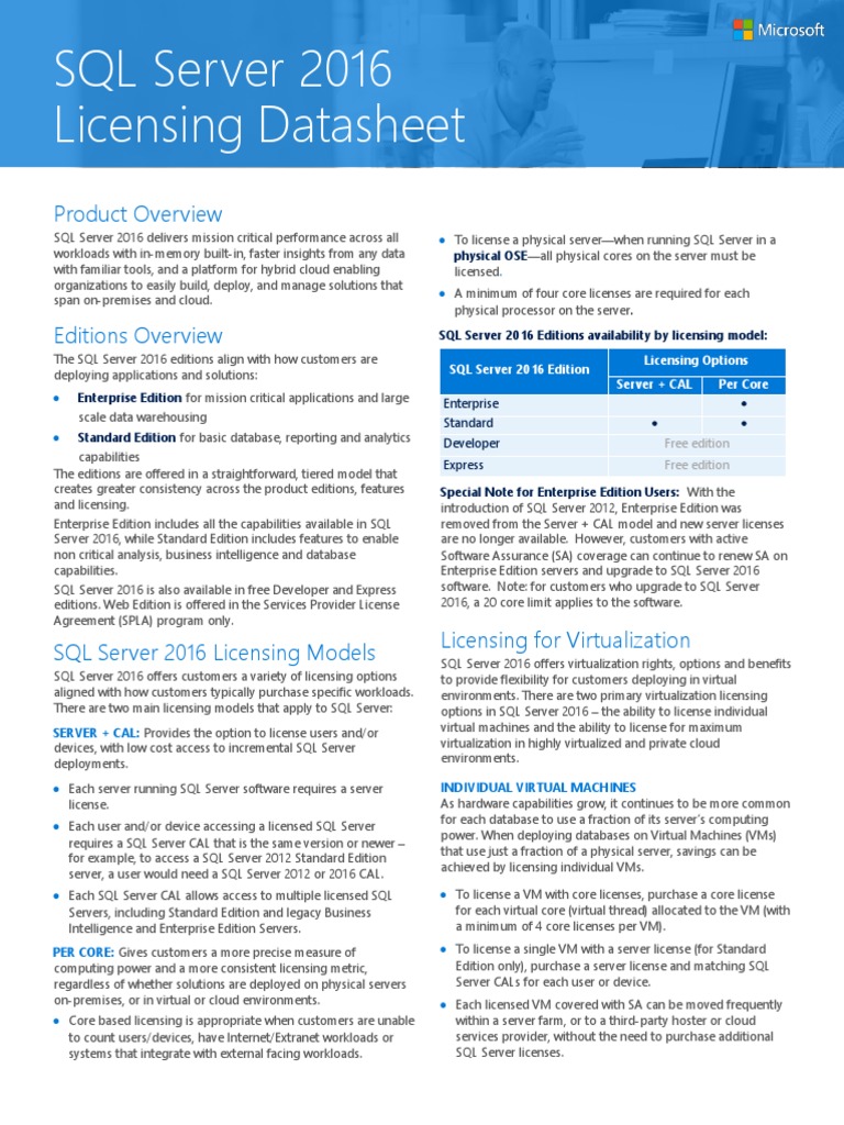 SQL Server 2016 Licensing Datasheet EN US PDF | PDF | Business ...
