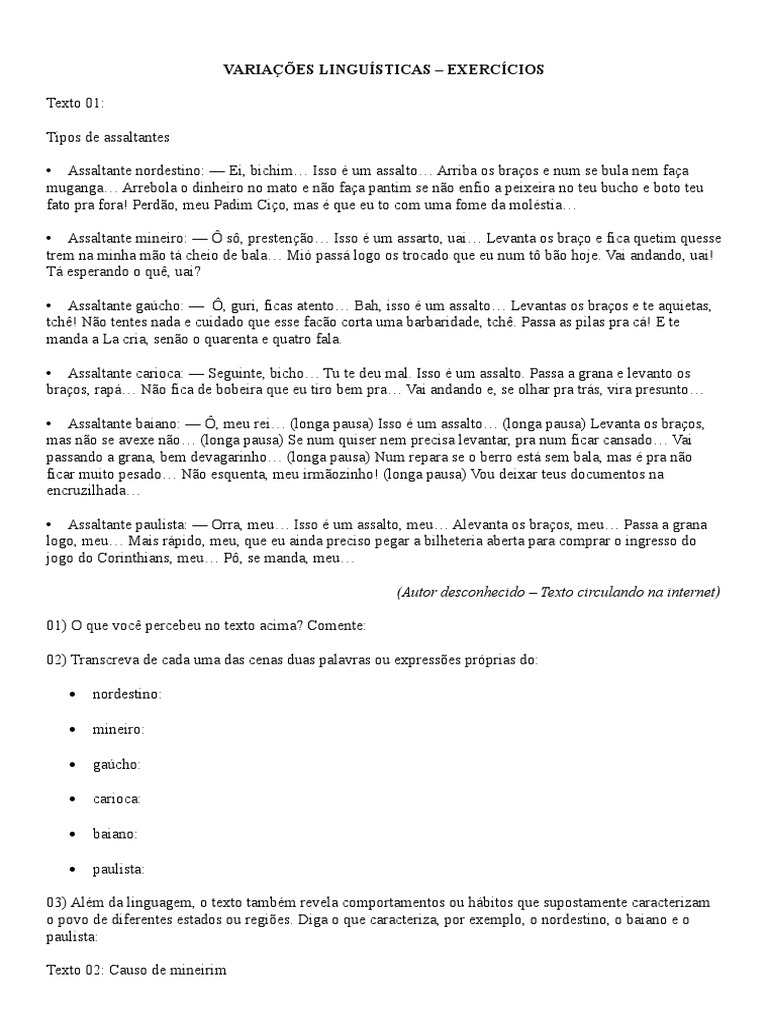 VARIAÇÕES LINGUÍSTICAS Exercícios | PDF | Linguística | Dialeto