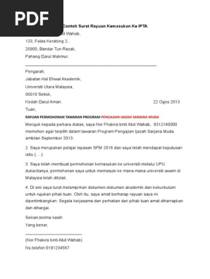 Contoh Surat Rayuan Kemasukan Ke Ipta Intan Pdf