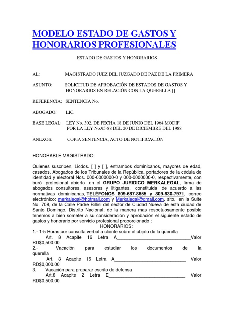 Modelo Estado de Gastos y Honorarios Profesionales | PDF | República  Dominicana | Gobierno