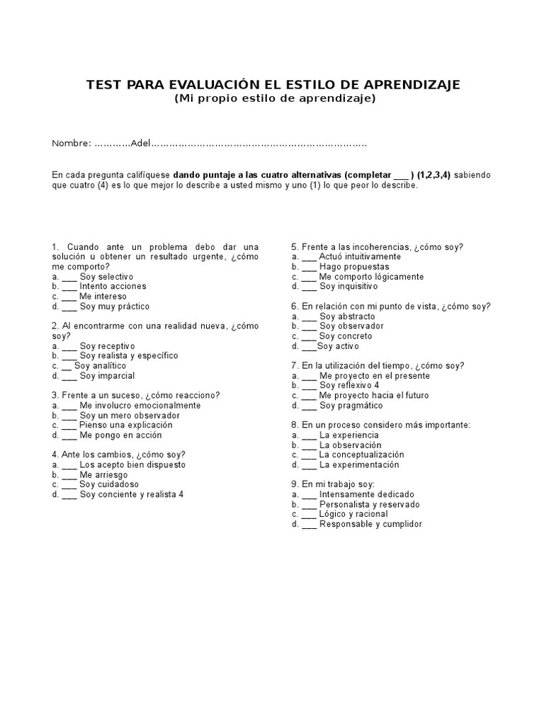 Evaluación de Estilos de Aprendizaje | PDF | Aprendizaje | Ciencia ...
