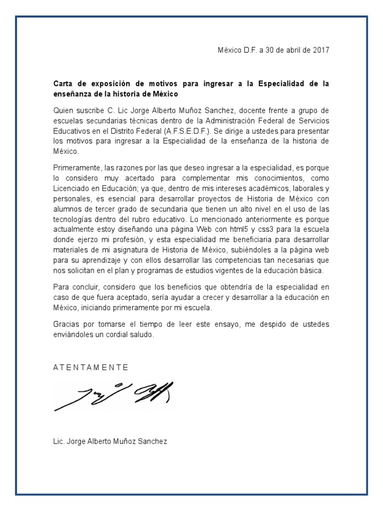 Ejemplo de Carta de Exposición de Motivos Educación Secundaria