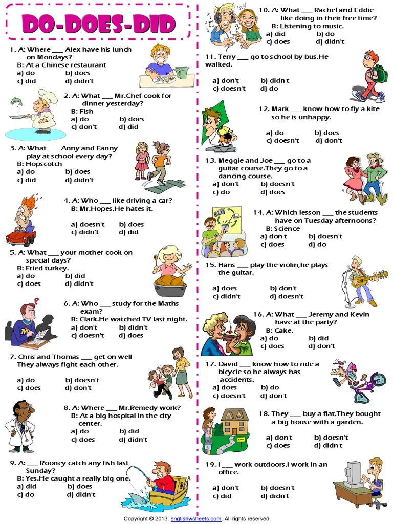 Auxiliary Verbs Worksheet Do Does Did pdf