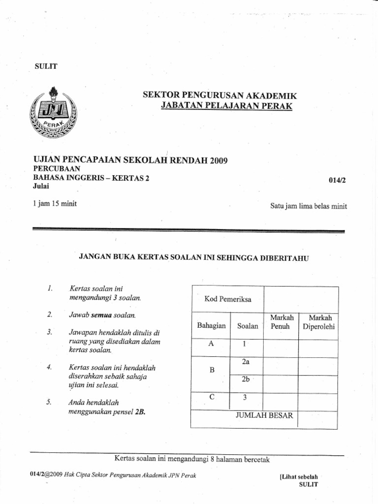 Soalan Trial English BI UPSR Paper 2 Perak | PDF
