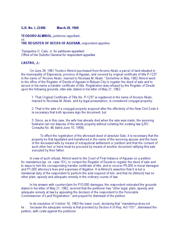 12 Almirol Vs Reg of Deeds PDF Mandamus Deed