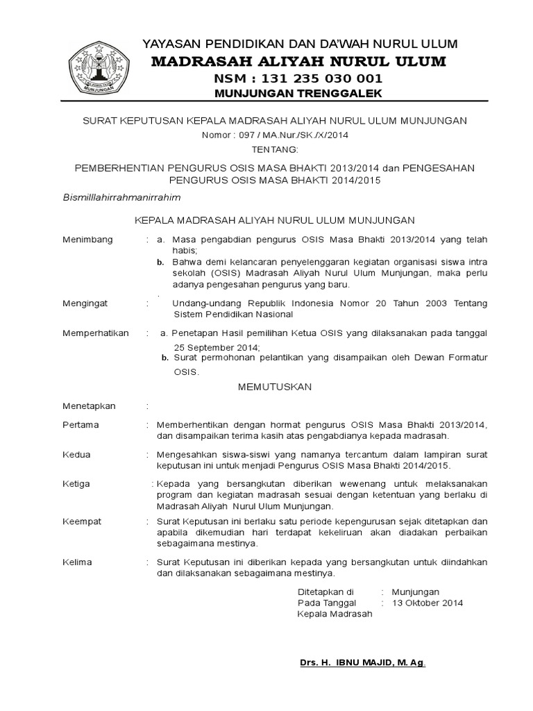 Pelantikan Dan Susunan Pengurus Osis 2014