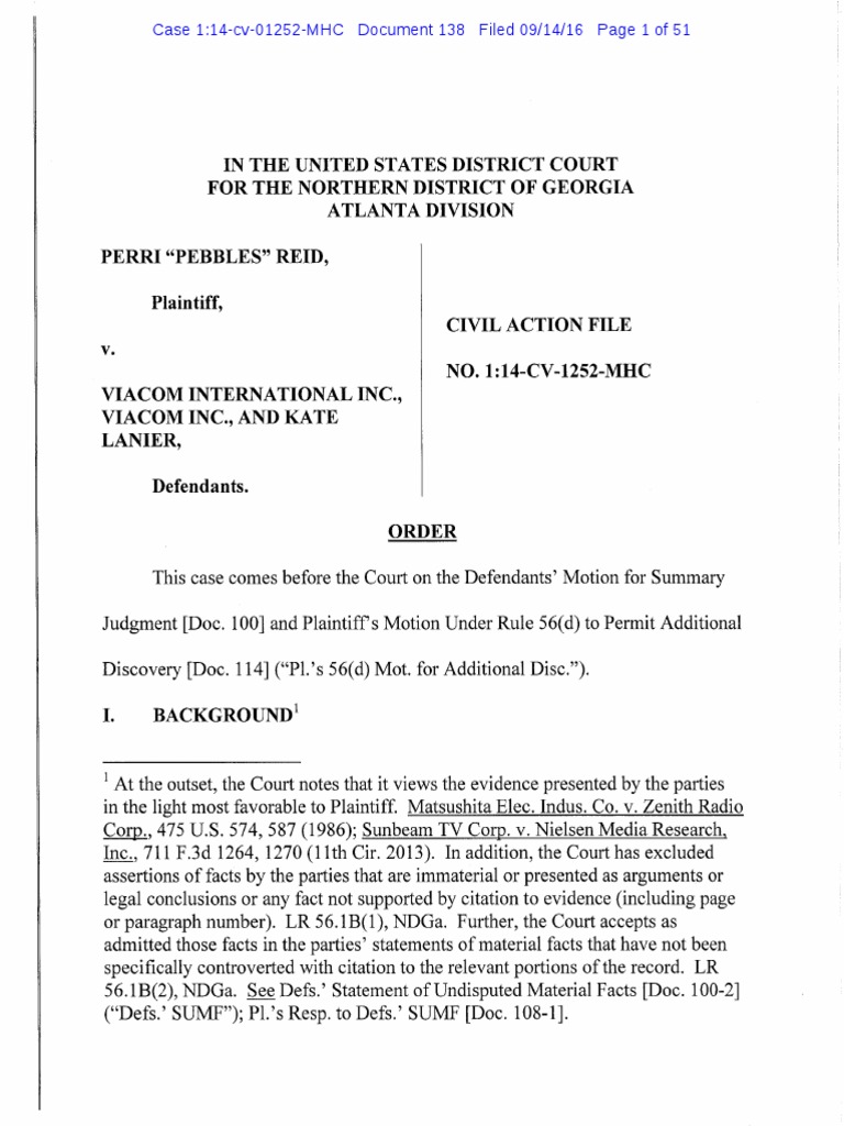 Perri Reid v. Order on Motion for Summary Judgment Defamation