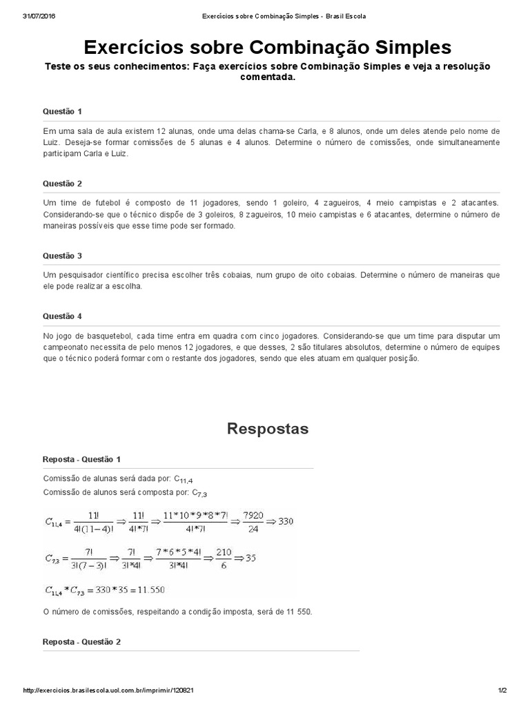 Exercícios Sobre Combinação Simples - Brasil Escola | PDF | Lazer ...