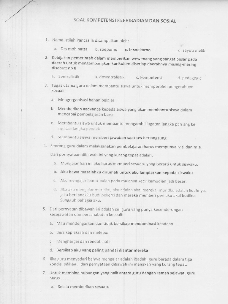 Contoh Soal Uka Kompetensi Kepribadian