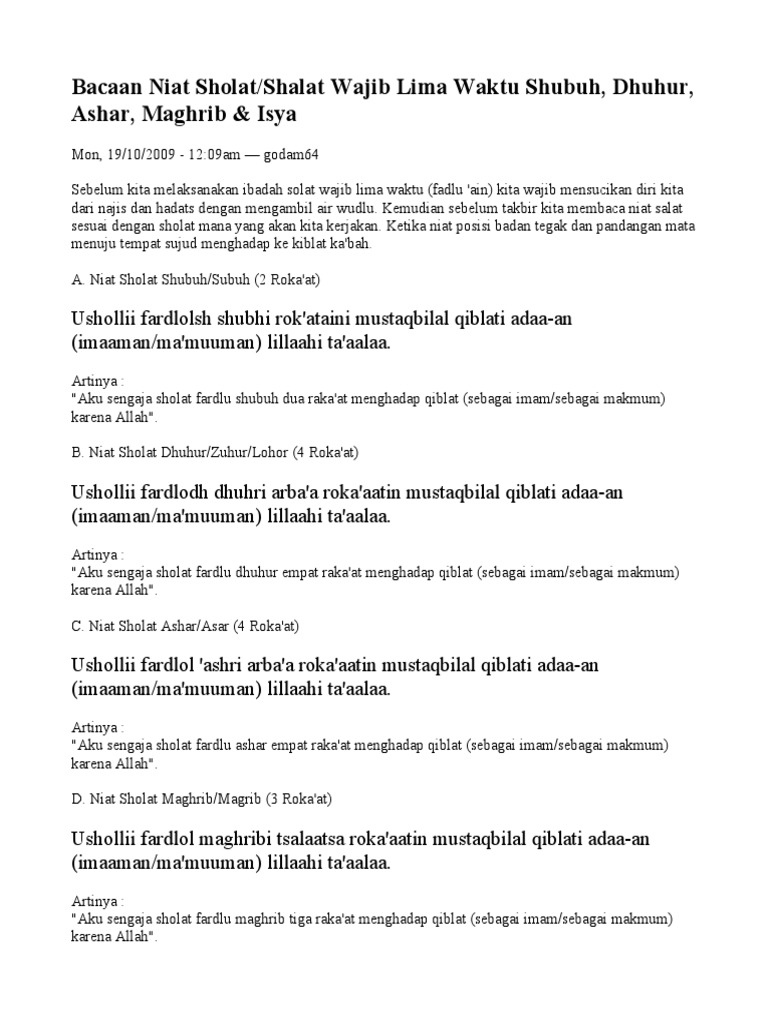 Bacaan Niat Sholat