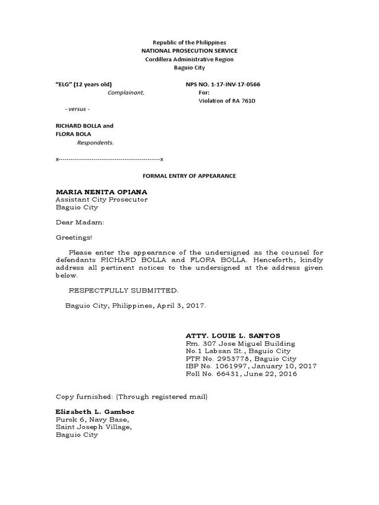Formal entry of appearance bolla pdf