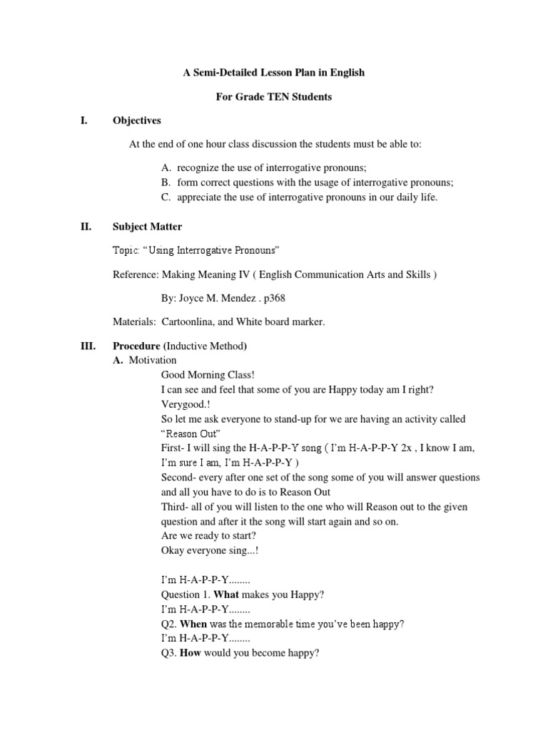 Lesson Plan Interrogative Pronouns Pdf Lesson Plan Semiotics