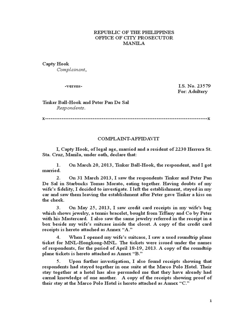 Sample Complaint Affidavit Adultery Criminal Justice